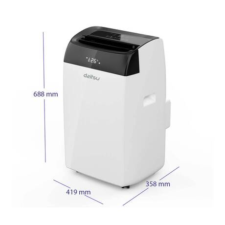 Diseño portátil con formato compacto El diseño portátil permite ubicar el equipo en diferentes estancias según la necesidad. Sus dimensiones de 688 x 419 x 358 mm ofrecen un formato compacto para un aire acondicionado portátil de 3,5 kW con bomba de calor. Con un peso neto de 27,5 kg, es una solución adecuada para usuarios que buscan climatización sin instalación fija, combinando movilidad, potencia y facilidad de uso.